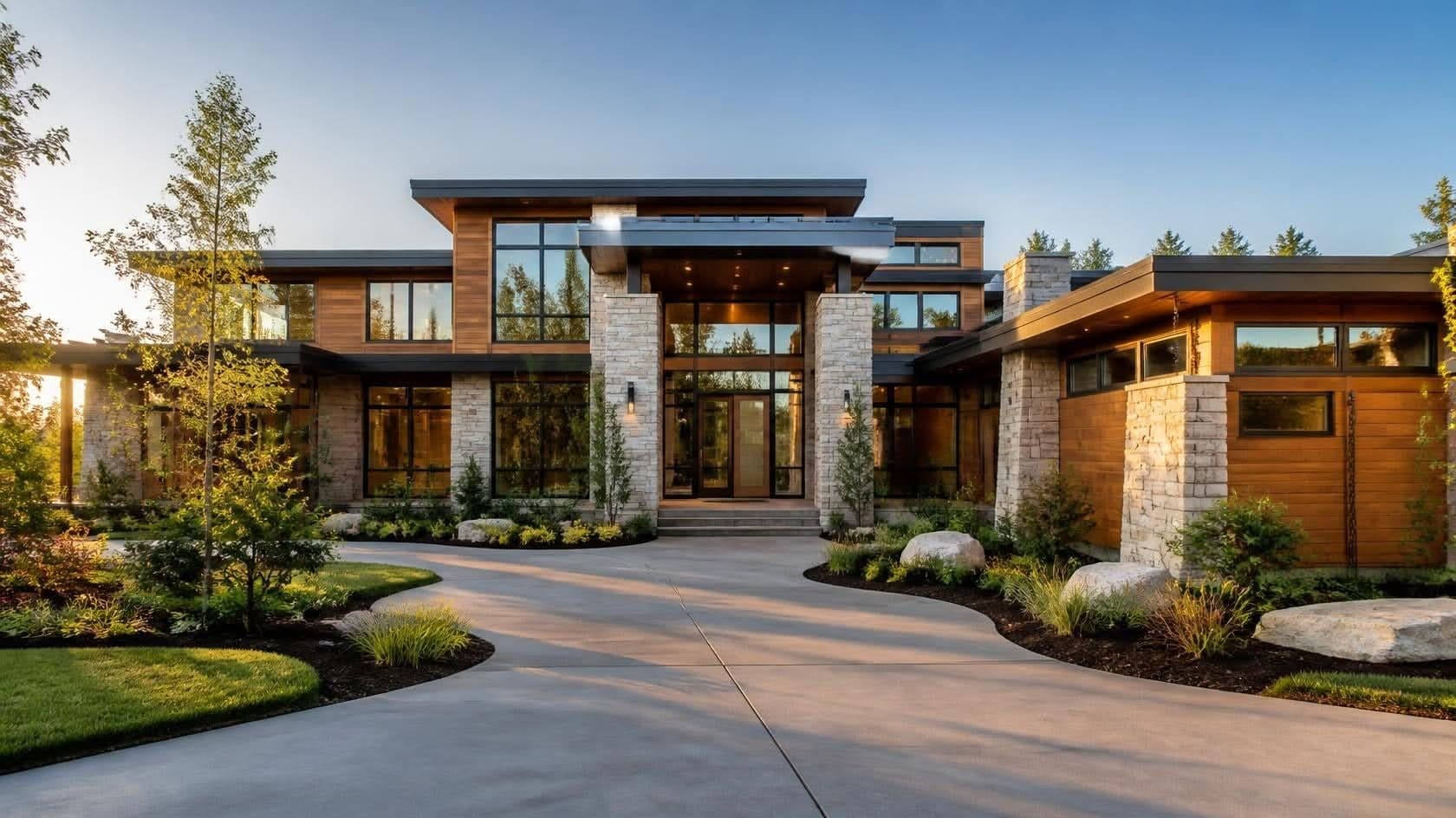 Modern custom home exterior with stone accents and large windows
