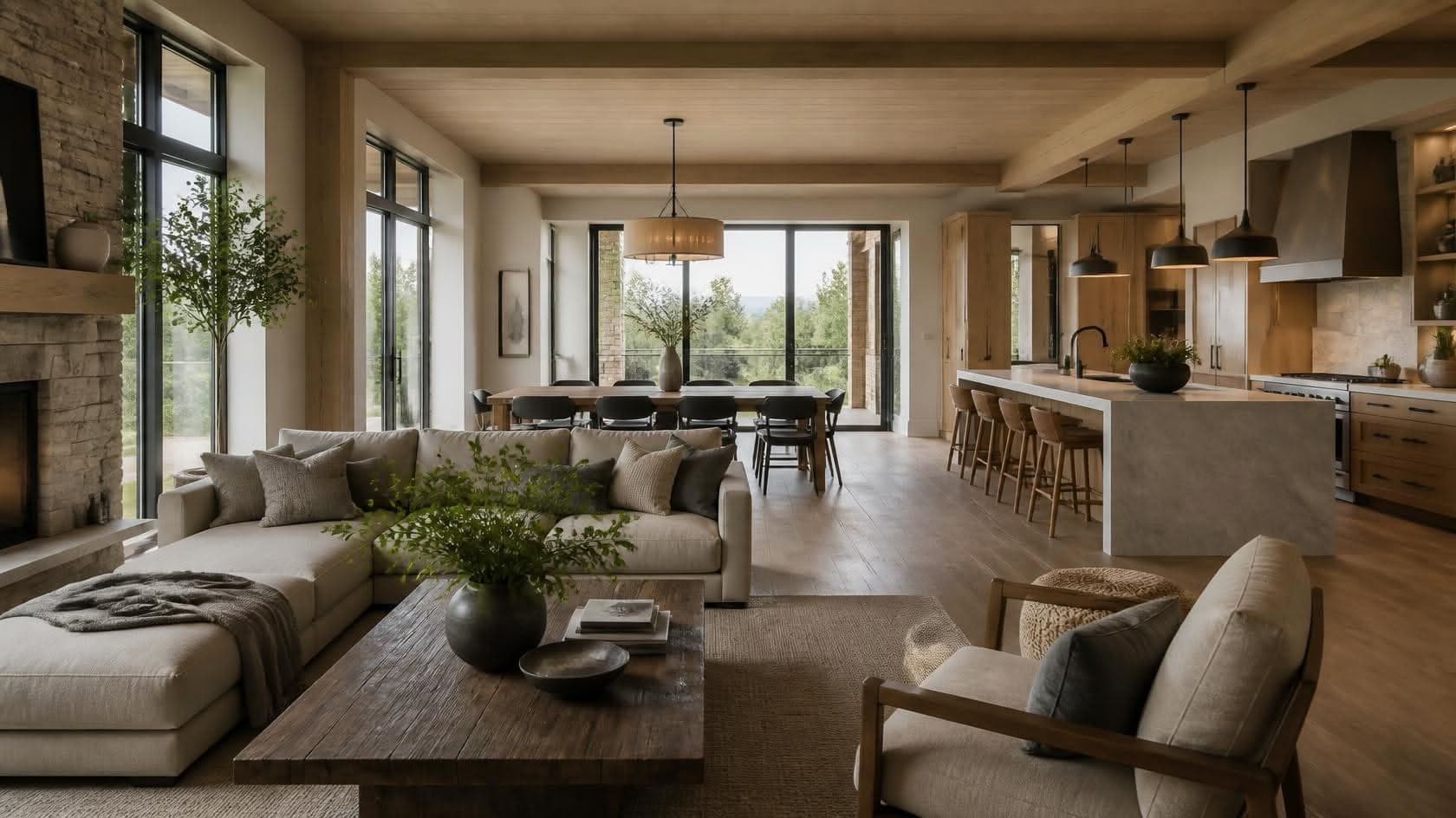 Open-concept kitchen and living space renovation concept with wood beams and large windows